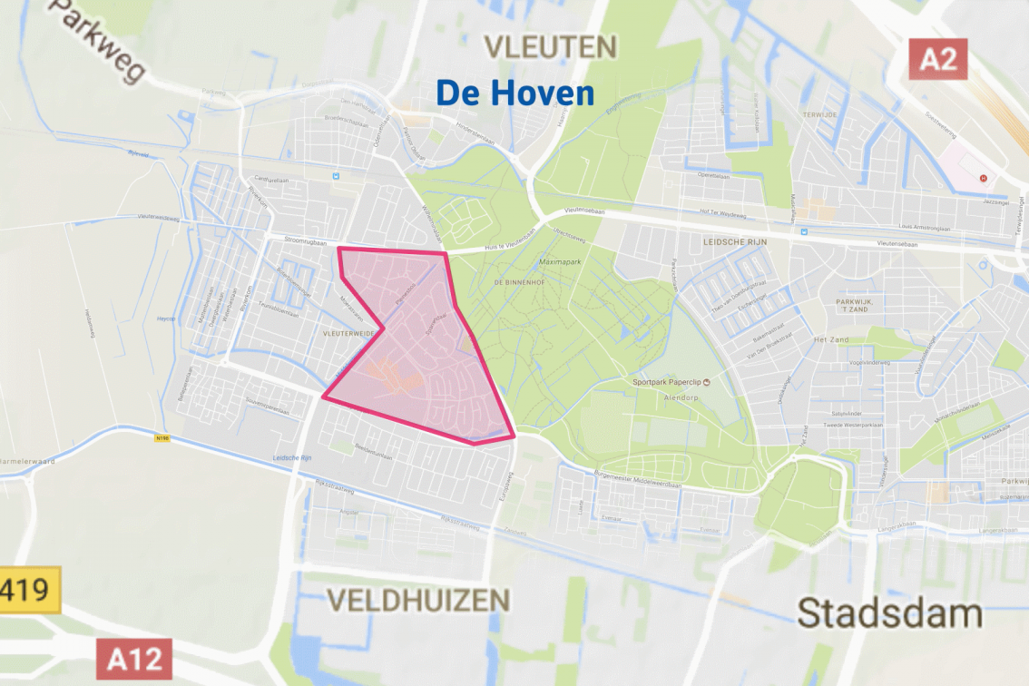 kaart waar de wijk de hoven roze is gearceerd